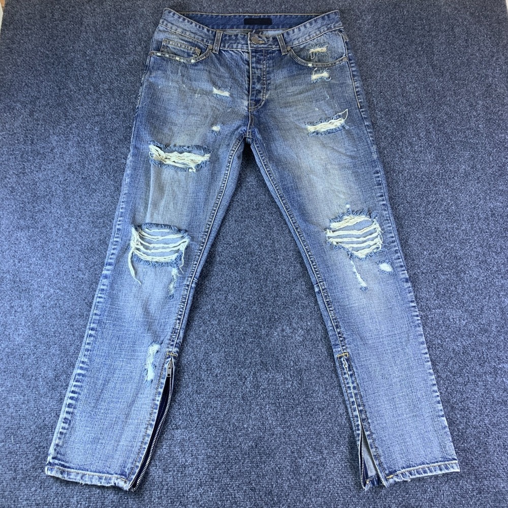 Forever 21 Jeans Mens 33 (Fits 32x28.5) Blue Denim Distressed Cotton Zipper Hem